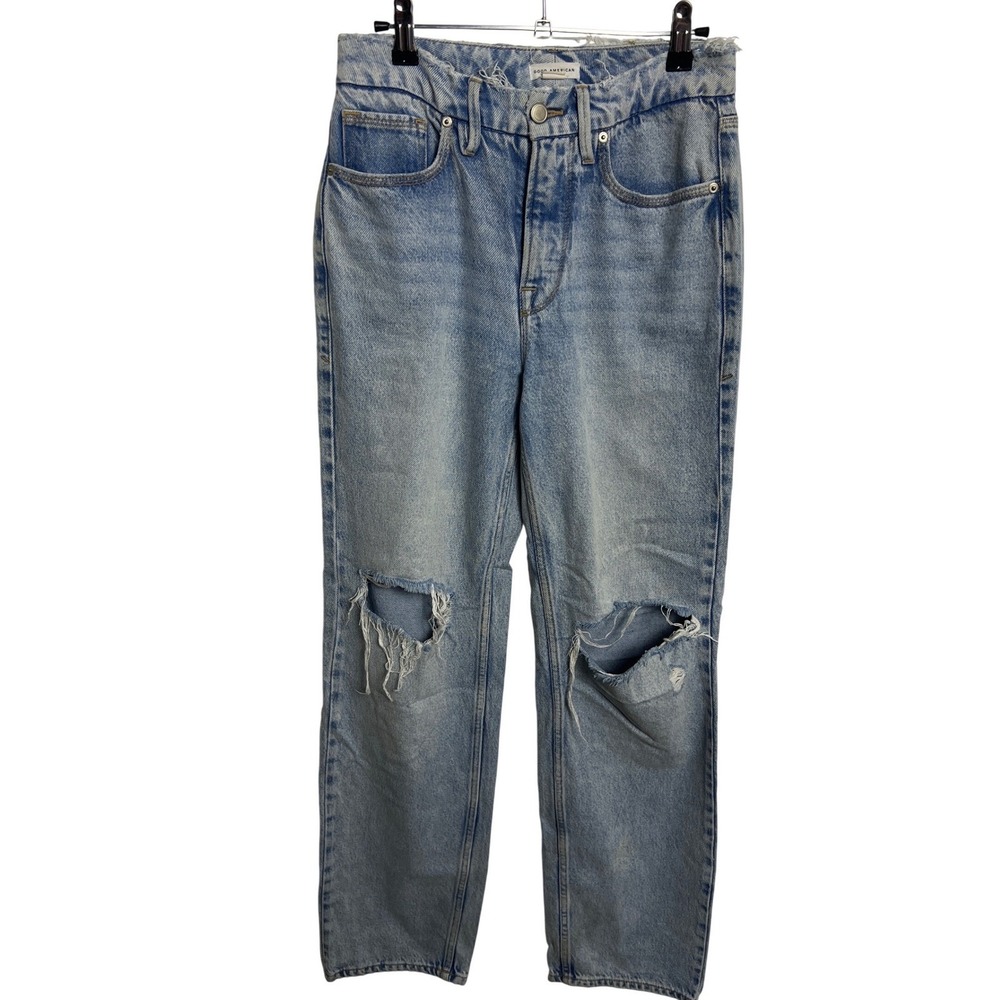 Good American Good 90s Distressed High Rise Straight Jeans Blue 00/24 Skater Y2K